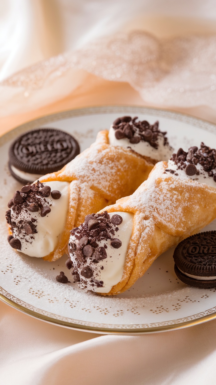Delicious Oreo Cannoli with Creamy Filling Oreo Cannoli with chocolate-dipped ends and crushed Oreos, on a white plate with powdered sugar.